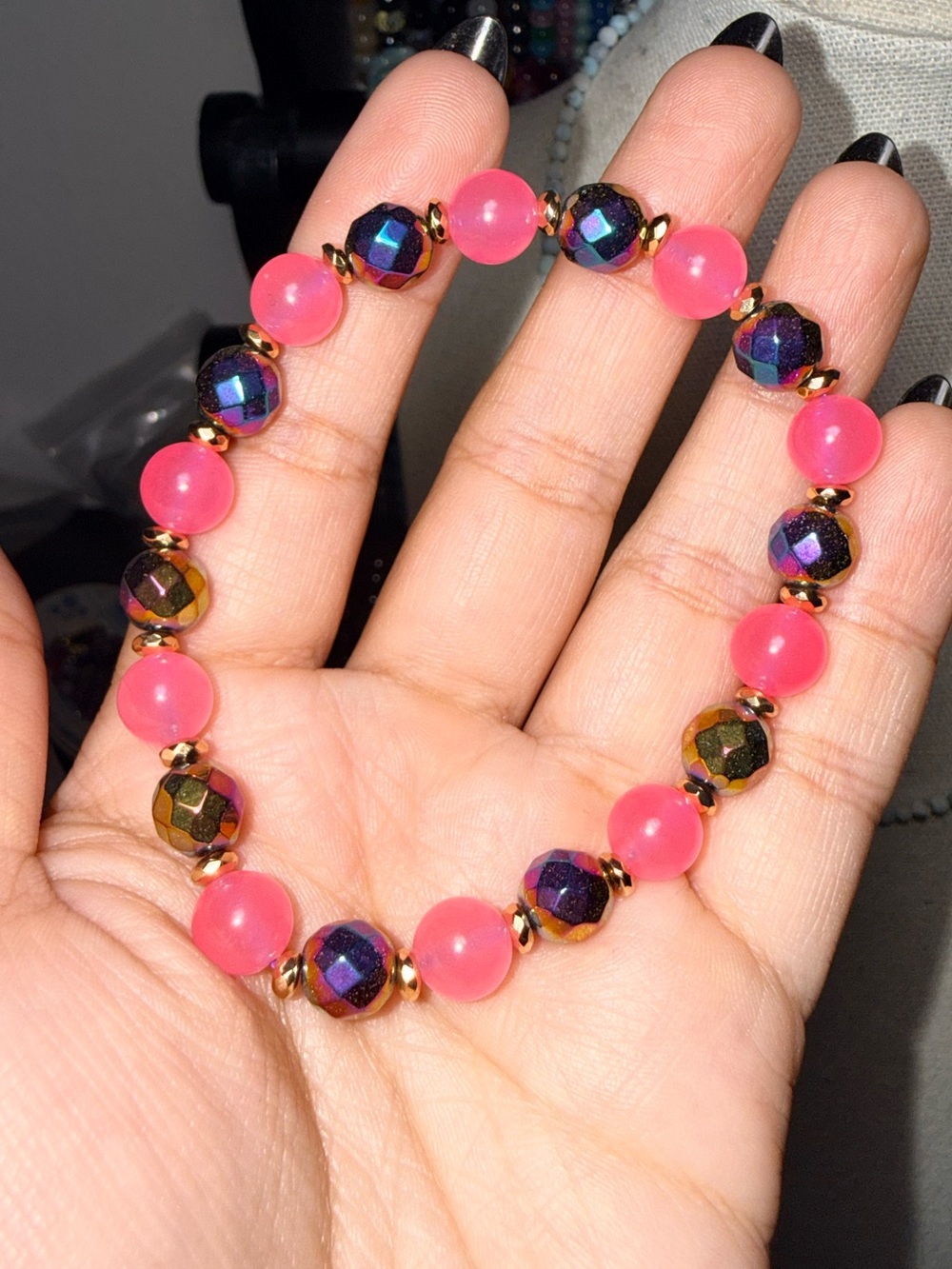 8mm Pink Quartz & Rainbow Hematite Gemstone Bracelet